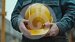 Generative AI Helmet construction Engineer team Men hands holding hardhat yellow work helmet in Civil Construction