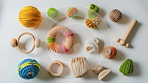Generative AI Hep of wooden and knitting eco toys for baby activity motor and sensory development on white table t photo