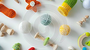 Generative AI Hep of wooden and knitting eco toys for baby activity motor and sensory development on white table t photo