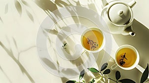 Generative AI Herbal tea with two white tea cups and teapot with green tea leaves Flat lay top view Tea concept bu