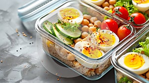 Generative AI High protein healthy lunch meal prep in containers with chicken, quinoa, herbed chickpeas, vegetable