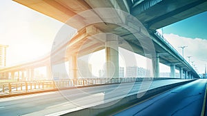 Generative AI Highway overpass motion blur with city background business concept.