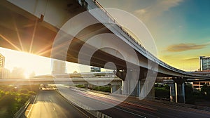 Generative AI Highway overpass motion blur with city background business concept.