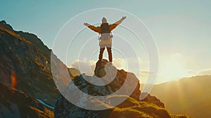 Generative AI Hiker with arms up standing on the top of the mountain Successful man enjoying triumph Sport and suc