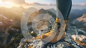Generative AI Hiking boot Closeup of female legs in hiking boots on a hiking trail on top of a mountain outdoors T