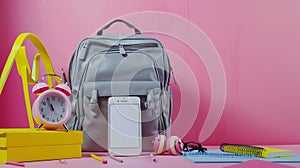 Generative AI Hipster grey leather backpack full of school supplies blank screen cell phone earphones pink  yellow