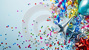 Generative AI Holiday frame or background with colorful balloon gift confetti silver star carnival cap and streame