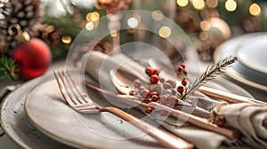 Generative AI Holiday table setting with Linen napkins and rose gold cutlery Close up business concept.