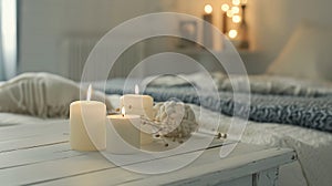Generative AI Home interior Still life with detailes Several candles on white wooden table in front of bed the con