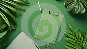 Generative AI Home office workspace mockup with laptop clipboard palm leaf notebook and accessories Flat lay top v