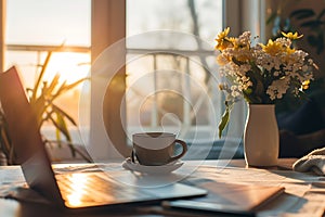 Generative AI Home work place with laptop, cup of hot drink and blooming brunch in vase on coffee table near windo