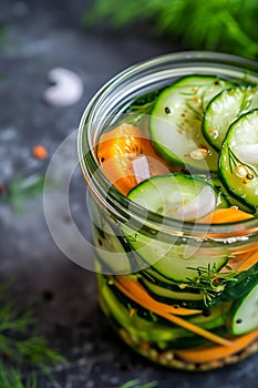 Generative AI Homemade pickled cucumbers with carrot, and onions. business concept.