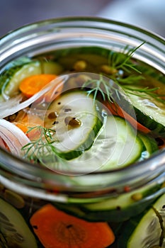 Generative AI Homemade pickled cucumbers with carrot, and onions. business concept.