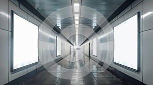 Generative AI Horizontal blank advertising banners posters mockup in underground tunnel walkway outofhome OOH medi