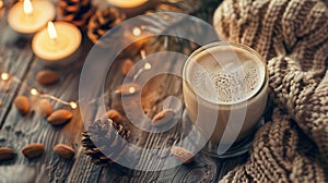 Generative AI Hot coffee drink almonds cosy knitted sweater on wooden background with candles and pine cones copy