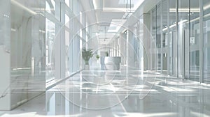 Generative AI Hotel or office building lobby blur background interior view toward reception hall modern luxury whi