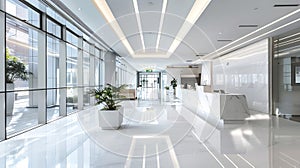 Generative AI Hotel or office building lobby blur background interior view toward reception hall modern luxury whi