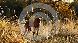 Generative AI Hungarian hound pointer vizsla dog in autumn time in the field business concept.