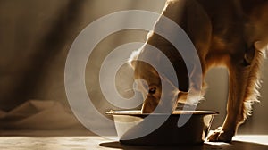 Generative AI Hungry or thirsty dog fetches metal bowl to get feed or water business concept.