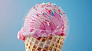 Generative AI Ice cream cone closeup Pink Icecream scoop in waffle cone over blue background Strawberry or raspber