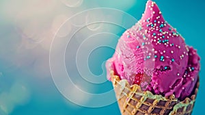 Generative AI Ice cream cone closeup Pink Icecream scoop in waffle cone over blue background Strawberry or raspber