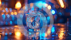 Generative AI ice cube in an empty glass on a bar counter in bar or pub business concept.