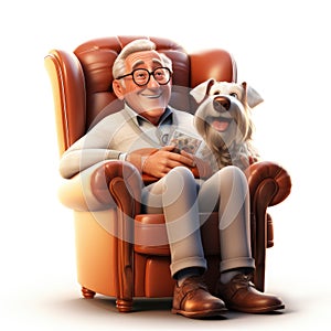 Generative ai illustration of 3d cartoon senior man stroking his dog