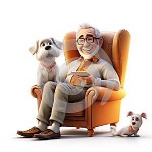 Generative ai illustration of 3d cartoon senior man stroking his dog