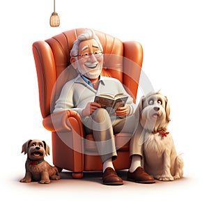 Generative ai illustration of 3d cartoon senior man stroking his dog