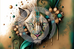 Generative AI illustration of abstract conceptual image of lion portrait with beautfiul colours and design photo