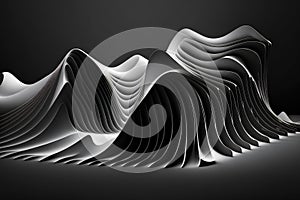 Generative ai illustration of abstract monochrome of big smooth chaotic wave with thin dynamic lines against black background