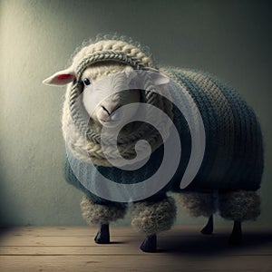 Generative AI illustration of adorable white little sheep in warm knitted clothes standing on wooden floor and looking at camera