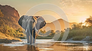 Generative ai illustration of African male elephant with mountain and river