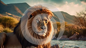 Generative ai illustration of a African male Lion with mountain and river