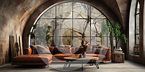 Generative ai illustration of Arched window interior with brown leather sofa