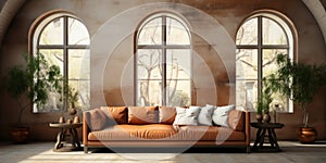 Generative ai illustration of Arched window interior with brown leather sofa