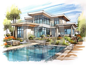 Generative ai illustration of architect sketch from a contemporary house with swimming pool