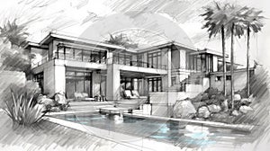 Generative ai illustration of architect sketch from a contemporary house with swimming pool