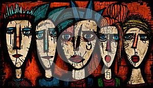 Generative AI illustration of art brut style image of groups of very stylized faces and people