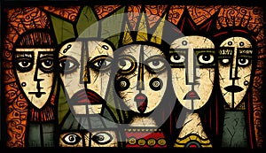 Generative AI illustration of art brut style image of groups of very stylized faces and people