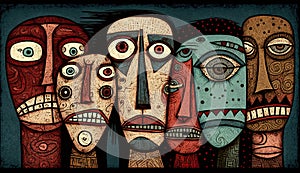 Generative AI illustration of art brut style image of groups of very stylized faces and people