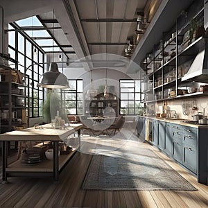 Generative ai illustration of artist loft with a magnificient kitchen