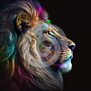Generative AI illustration of beautiful abstract phantasmal irridescent polygonal image of lion portrait with glowing intricate photo