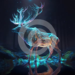 Generative AI illustration of beautiful abstract phantasmal irridescent polygonal image of red deer stag portrait with glowing