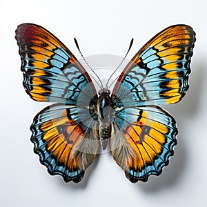 Generative ai illustration of beautiful blue yellow orange butterfly isolated on a white background