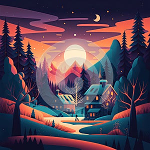 Generative AI illustration of beautiful colorful cute vector art style Winter Christmas landscape scene