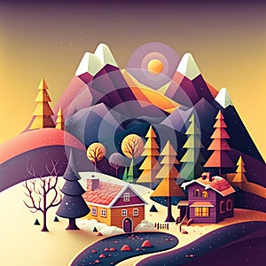 Generative AI illustration of beautiful colorful cute vector art style Winter Christmas landscape scene