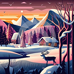 Generative AI illustration of beautiful colorful cute vector art style Winter Christmas landscape scene