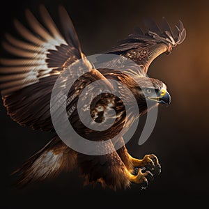 Generative AI illustration of beautiful Golden Eagle with wings open coming in to land with black background