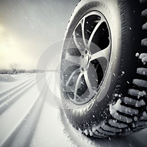 Generative AI illustration of black car wheel driving on snowy road in cold winter time during snowfall